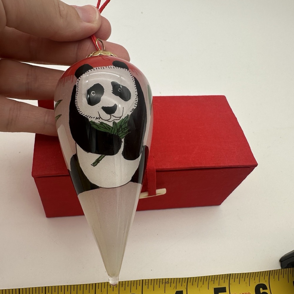 Reverse Painted Teardrop Blown Glass Panda Christmas Ornament Holiday 4" In Box
